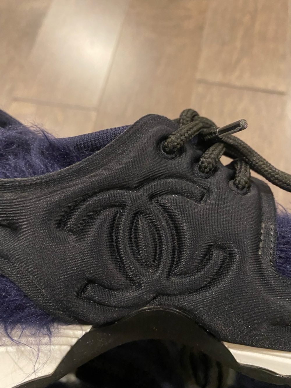 CHANEL Navy Fuzzy Lace-Up Sneakers - Picture 5 of 9